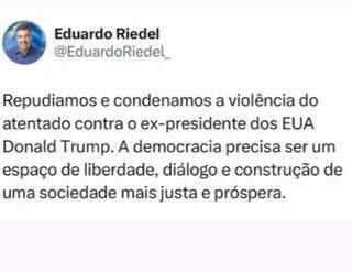 Reprodução da postagem do governador Eduardo Riedel (PSDB) feita no Instagram e no X, antigo twitter (Foto: Reprodução)