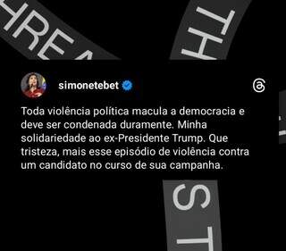 Ministra do Planejamento e Orçamento, Simone Tebet, repudiou ação de violência nas redes sociais (Foto: Reprodução)