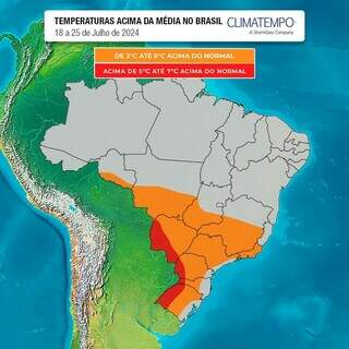 Temperaturas acima da região oeste de Mato Grosso do Sul. (Fonte: Climatempo)