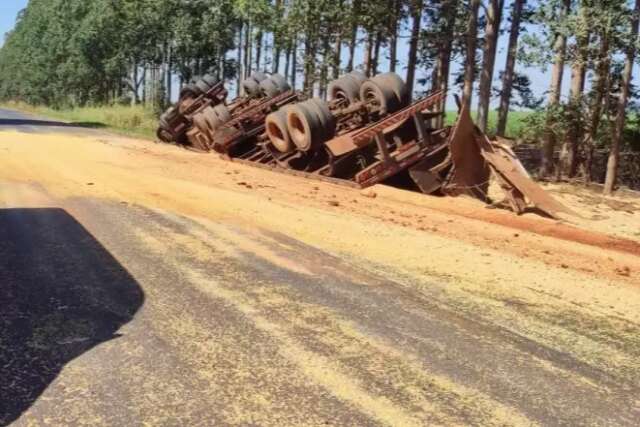 Soja fica espalhada na BR-376 ap&oacute;s motorista perder o controle e tombar carreta