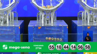 A Mega-Sena ofertou prêmio de R$ 73.009.642,05 no concurso 2.754. Entre os números sorteados, estão: 10, 14, 44, 55, 56, 58. (Foto: Reprodução/Caixa)