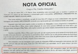 Igreja divulgou nota desmentindo mensagens adulteradas de Whats e confirmando que entrou com ação para rescindir contrato (Foto/Reprodução)