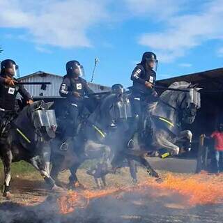 Esquadrão montado durante treinamento com fogo (Fotos: Polícia Militar)