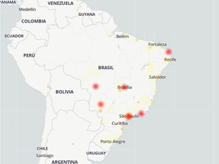 Mapa térmico que indicam os maiores relatos de instabilidade dos usuários (Foto: Downdetector) 