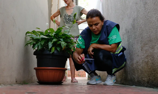 Agente de saúde conferindo vaso de planta em residência (Foto: Fernando Frazão/Agência Brasil)