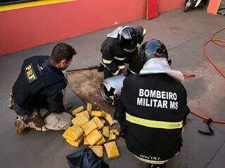 Tabletes de maconha removidos de botijão de gás (Foto: Corpo de Bombeiros)