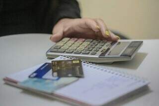 Consumidora fazendo conta na calculadora com gastos anotados em caderno (Foto: Marcos Maluf)