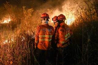 Bombeiros durante combate às chamas também em junho, madrugada adentro, no bioma em Mato Grosso do Sul (Foto: Bruno Rezende/Governo de MS)