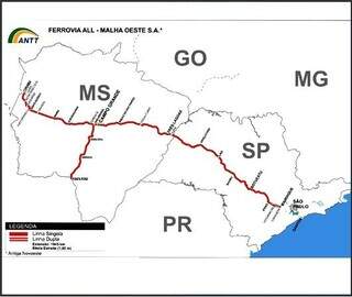 Reprodução do caminho percorrido pelos trilhos da Malha Oeste no contrato de relicitação (Foto: Divulgação)