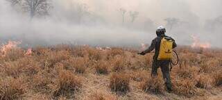 Combatente luta contra o fogo que chega perto da Serra do Amolar, lugar de biodiversidade protegida no Pantanal de MS (Foto: Divulgação/Corpo de Bombeiros)