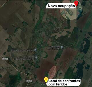 Mapa mostra o novo ponto de ocupação, aos fundos da aldeia, e o local de confrontos (Foto: Reprodução)