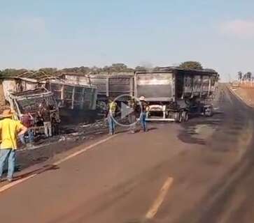 Carretas batem de frente, pegam fogo e caminhoneiro morre na MS-270