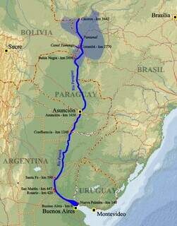 Reprodução do percurso da hidrovia do Rio Paraguai de 3.442 km navegáveis passando por cinco países: Brasil, Bolívia, Paraguai, Argentina e Uruguai (Foto: Reprodução)