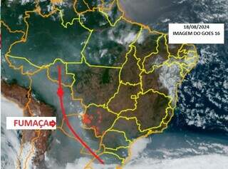 Reprodução da imagem do satélite mostrando o corredor de fumaça nos países vizinhos (Foto: Reprodução)