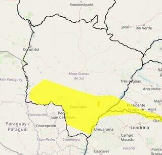 Em amarelo, as regiões onde há possibilidade de tempestade (Imagem: Reprodução)