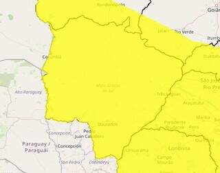 Mapa mostra alerta amarelo para o MS (Foto: Reprodução Inmet)