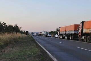 Fila de caminhões esperando para liberação da BR-163 (Foto: Paulo Francis)