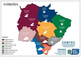 Mapa com a previsão do tempo para este sábado em MS (Imagem: Reprodução/Cemtec)