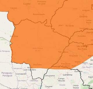 Mapa mostra Mato Grosso do Sul em alerta para baixa umidade (Foto: Reprodução/Inmet)