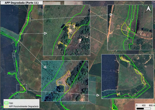 Em amarelo, áreas possivelmente degradadas encontradas por satélite no interior da Fazenda Boa Aguada durante análise do Nugeo (Imagem: Reprodução/MPMS)