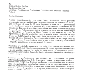 Carta enviada ao STF cobra cumprimento de reintegra&ccedil;&atilde;o de terras em MS