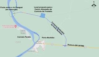 Mapa do Dnit mostra traçado do acesso que vai ligar a BR-267 até a ponte Bioceânica, entre Porto Murtinho (MS) e a cidade paraguaia de Carmelo Peralta