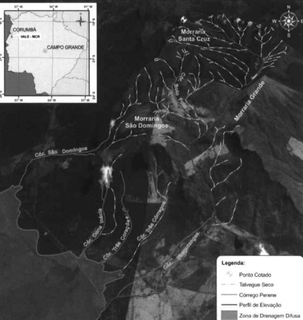 Mapa da localização do córrego, em meio a morrarias no Pantanal