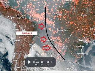 Direção dos ventos empurra fumaça para Mato Grosso do Sul (Imagem: Reprodução/Zoom Earth)