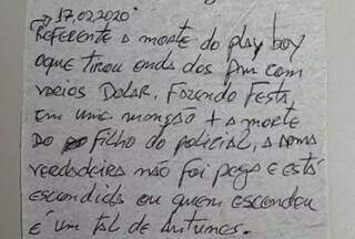 Bilhete encontrado em cela de detendo da Penitenciária Federal de Mossoró (Foto/Divulgação)