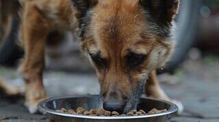 Cachorro come ração em recipiente metálico (Foto: Freepik)