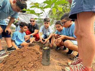 Estudantes plantaram muda de ipê roxo no local (Foto: Marcos Maluf)