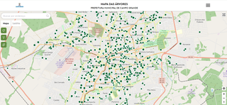 No site, pontinhos verdes representam árvores vistoriadas; é possível clicar em cima deles e saber mais detalhes (Foto: Reprodução/Arbolink/Prefeitura de Campo Grande)