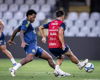 Zagueiro Gil e o atacante Willian disputam a bola em treino (Foto: Raul Baretta/SFC)