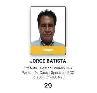 Reprodução do site da DivulgaCand já mostra nome de Jorge Batista como inapto (Foto: Reprodução)