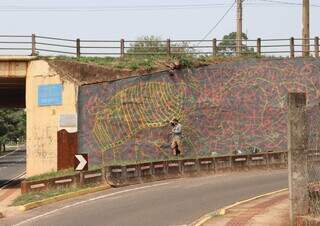 Fernando Berg pintando o viaduto da Ricardo Brandão (Foto: Osmar Veiga)