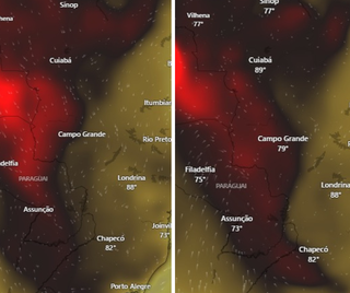 Às 1h, a fumaça estava bem próxima da Capital; já às 17h, ela havia avançado por grande parte da cidade (Imagem: Reprodução/Windy)