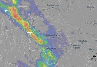 Área atingida por chuvas em Mato Grosso do Sul (Imagem: Reprodução/Ventusky)