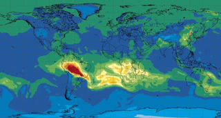 Mapa do Copernicus aponta mancha vermelha sobre o Brasil; região vem sendo atingida por incêndios florestais (Foto: Copernicus/Reprodução)