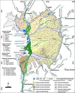 Mapa do Pantanal com as diversas planícies que constituem os sistemas deposicionais (mod. de Assine, 2015)