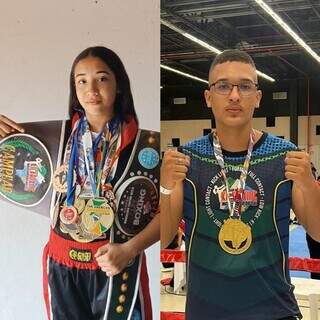 Thalyta e Ângelo com medalhas de campeonatos de kickboxing (Fotos: Arquivo pessoal)