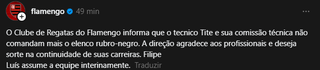 Publicação do Flamengo na manhã desta segunda-feira (Foto: Reprodução)