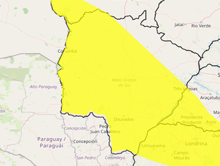 Área em amarelo indica risco de tempestade na maior parte de MS (Arte: Inmet)