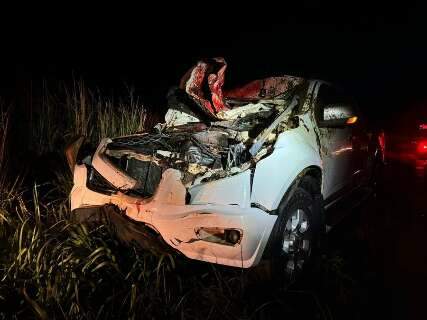 Caminhonete fica destruída e deixa casal ferido ao atropelar cavalo em rodovia