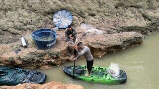 Equipe buscando peixes para realocar em tanque com oxigênio até serem encaminhados para trecho do rio com água (Foto: Lauro Keslley)