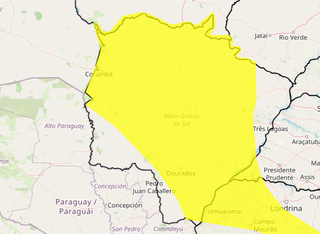 Área em amarelo indica risco de tempestade em MS (Arte: Inmet)