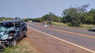 Local do acidente em que motociclista morreu na manhã deste sábado em Dourados (Foto: Leandro Holsbach)