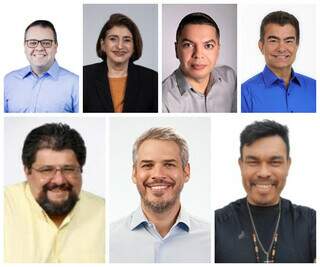 Os candidatos a prefeito Alan, Bela, Beto, Marçal, Racib, Tiago e Valderi (Foto: Reprodução)