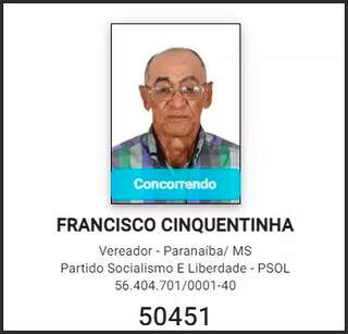 Foto de urna de Francisco Cinquetinha, candidato preso por compra de voto (Foto: reprodução / DivulgaCand) 