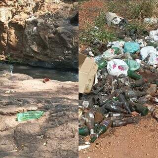 Na manhã de ontem, garrafas de vidro e plástico foram encontradas espalhadas por toda a área ao redor da cachoeira (Foto: Direto das Ruas)