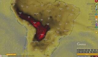 Alta concentração de CO2 é registrada em partes da Bolívia e do Paraguai; fumaça também chega em Corumbá (Fonte: Windy)